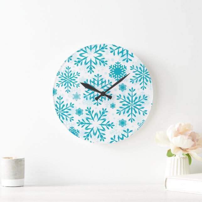Blaues Schneeflockenmuster Große Wanduhr (Zuhause)