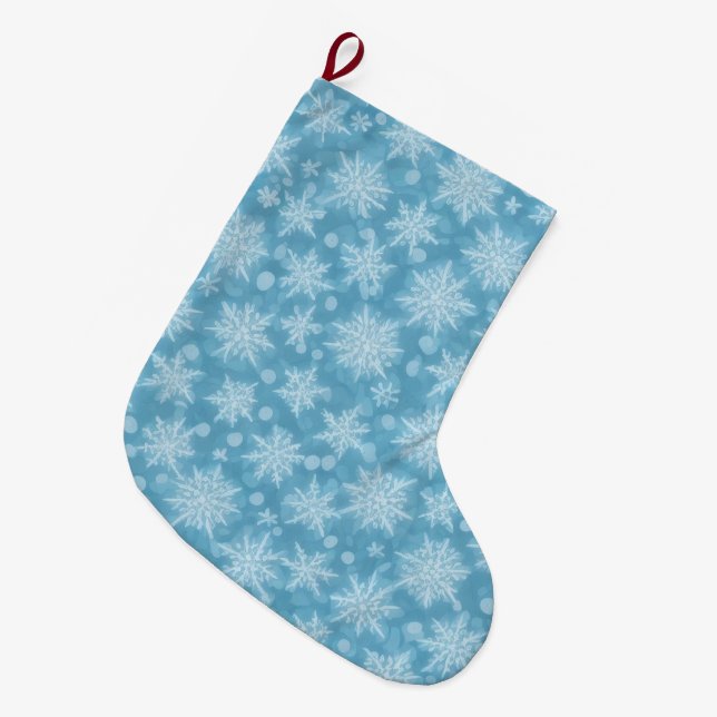 Blaues Schneeflockenmuster Großer Weihnachtsstrumpf (Vorderansicht (hängend))