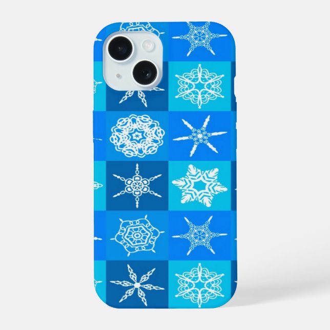 Blaues Schneeflockenmuster iPhone 15 Hülle (Rückseite)