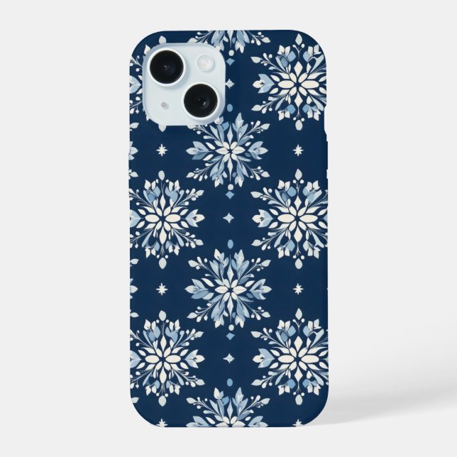 Blaues Schneeflockenmuster iPhone 15 Hülle (Rückseite)