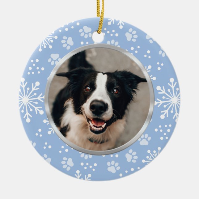 Blaues Schneeflockenmuster Muster Foto Keramik Ornament (Vorne)
