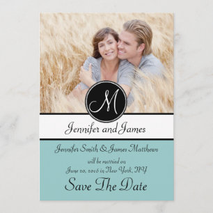 Blaues Schwarz-Monogramm-Foto-Save the Date Karte