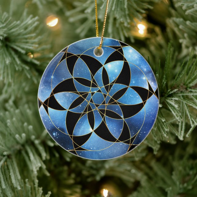 Blaues Schwarzes Gold Heilige Geometrie Keramik Ornament (Baum)