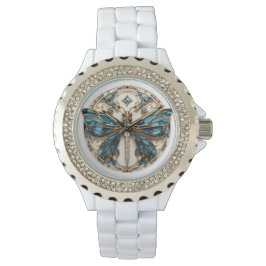 Blaues Schwarzes Gold Hübsche Edelsteine Dragonfly Armbanduhr