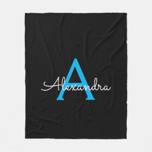 Blaues schwarzes Skript Monogramm Name Fleecedecke