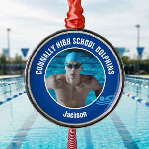 Blaues Schwimmteam-Foto Schwimmer Weihnachtsgesche Ornament Aus Metall
