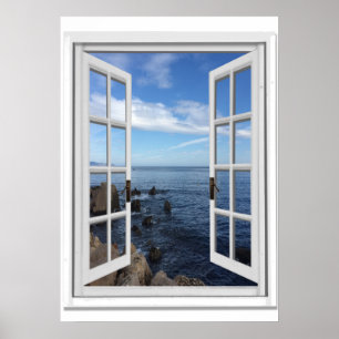 Blaues Seeozean-Ansicht-Imitat-Fenster Poster