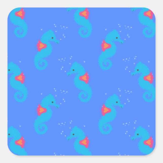 Blaues Seepferd-Muster Quadratischer Aufkleber (Vorderseite)
