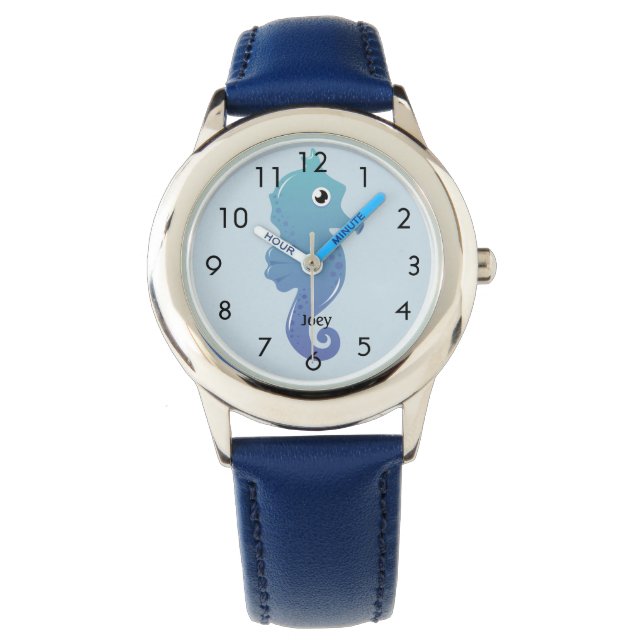 Blaues Seepferd Personalisiertes Kind Armbanduhr (Vorderseite)