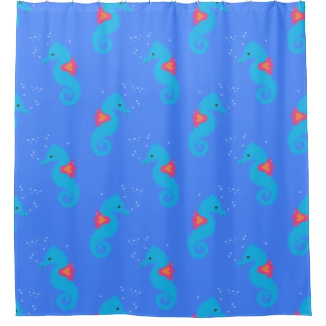 Blaues Seepferdchen-Muster Duschvorhang (Vorderseite)