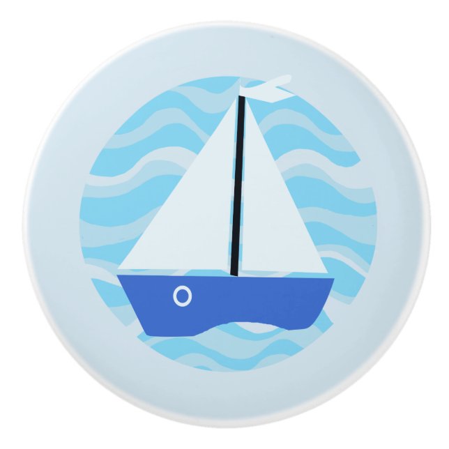 Blaues Segelboot auf den Ozeanwellen Keramikknauf (Vorderseite)