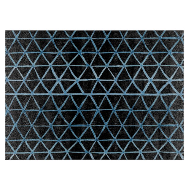 Blaues Shibori-Aquarellnetz-Muster auf schwarz Schneidebrett (Vorderseite)