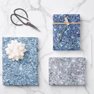 Blaues Silber Glitter Glam Bling Trend Stylisch  Geschenkpapier Set