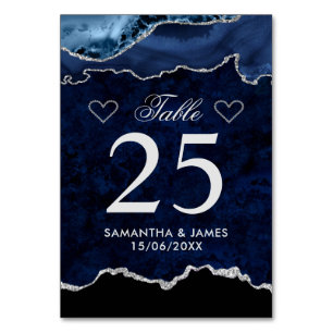 Blaues & Silbernes Faux-Glitter-Marmor-Achat-Hochz Tischnummer