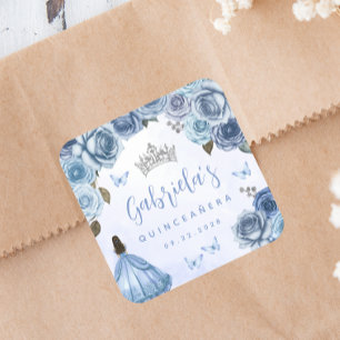 Blaues Silbernes Florales Quinceañera-Party Quadratischer Aufkleber