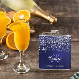 Blaues silbernes Monogramm-Namensschrift-Glitter-F Flachmann