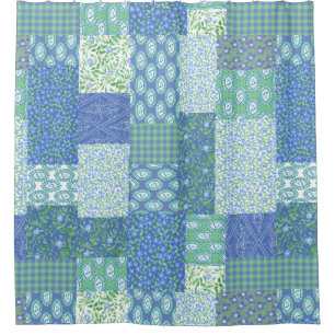 Blaues Singrün BlumenBoho Imitat-Patchwork-Muster Duschvorhang