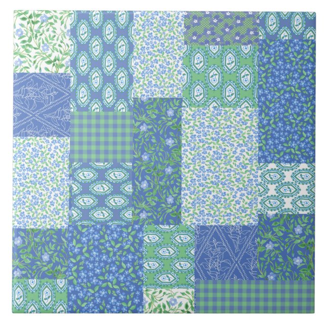 Blaues Singrün BlumenBoho Imitat-Patchwork-Muster Fliese (Vorderseite)