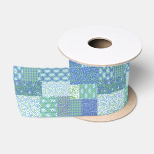 Blaues Singrün BlumenBoho Imitat-Patchwork-Muster Satinband