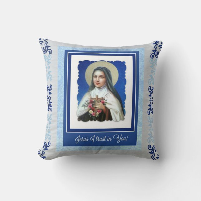 Blaues St. Therese die kleine Blume mit Zitat Kissen (Vorderseite)