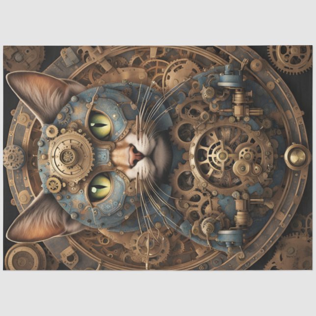 Blaues Steamputin Katzenkatze KI Kunstpapier Seidenpapier (Vorderseite)