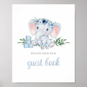 Blaues süßes Elefanten-Baby-Shower-Gästebuch-Sign Poster