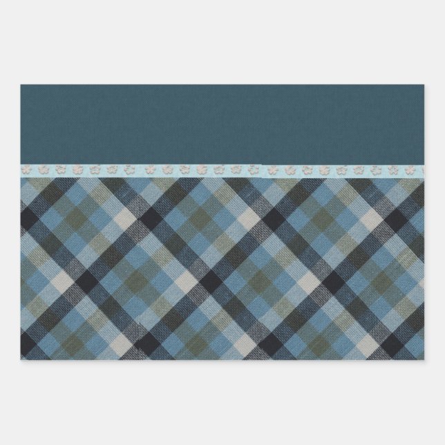 Blaues Tartan Wrapping Paper Flat Sheet Set 3 Geschenkpapier Set (Vorderseite)