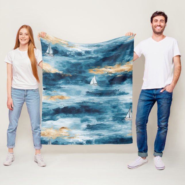 Blaues Teal-Segelschiff Küstenwellenmuster Fleecedecke (Beispiel)