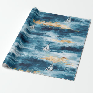 Blaues Teal-Segelschiff Küstenwellenmuster Geschenkpapier