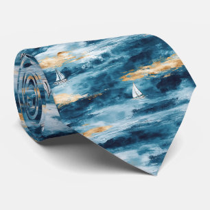 Blaues Teal-Segelschiff Küstenwellenmuster Krawatte
