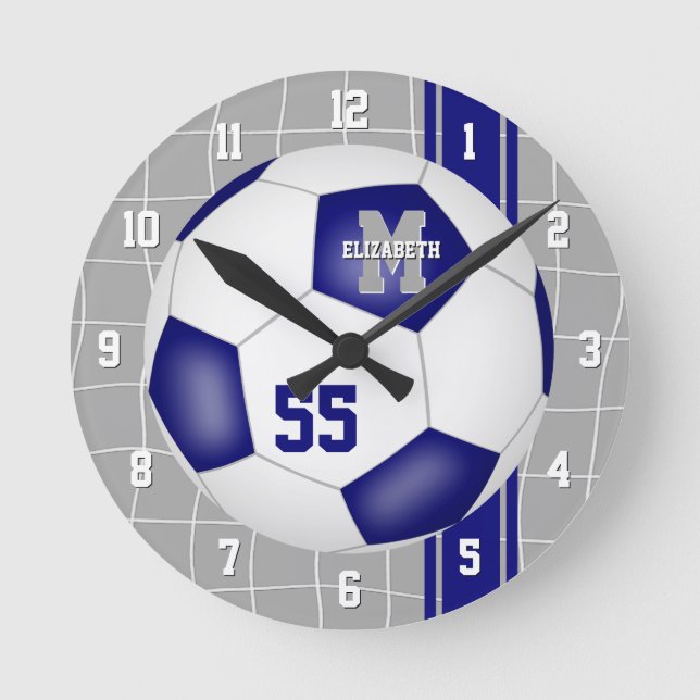 Blaues Team Farben Varianzstreifen Fußball Runde Wanduhr (Vorderseite)