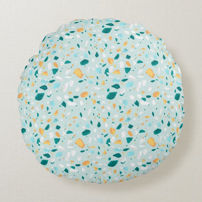 Blaues Terrazzo-Muster Rundes Kissen (Vorderseite)