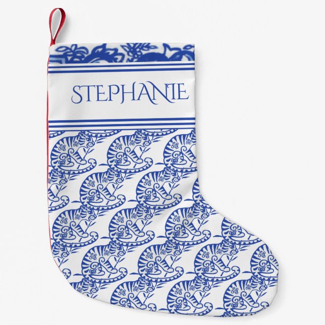 Blaues Tiger Muster Delft Oriental Custom Kleiner Weihnachtsstrumpf (Vorderseite)