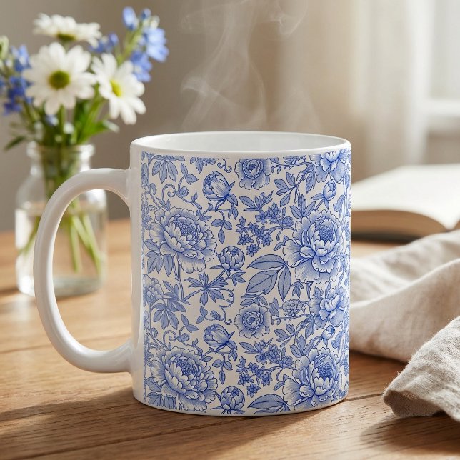 Blaues Toile-Blumenmuster Klassisch Botanisch Kaffeetasse (Von Creator hochgeladen)