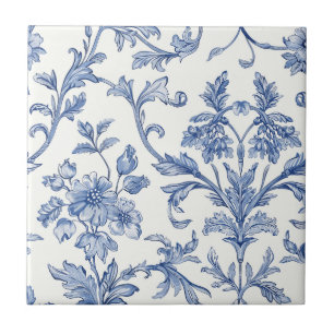 Blaues Toile-de-Jouy-Blumenmuster im französischen Fliese