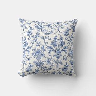 Blaues Toile de Jouy französisches Land Blumenmust Kissen