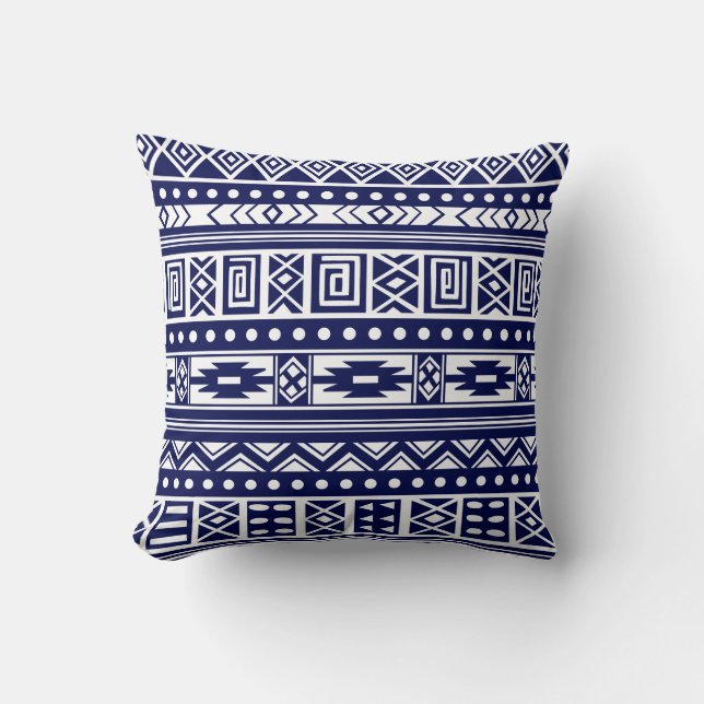 Blaues Tribal Geometrisches Muster Kissen (Vorderseite)