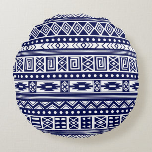 Blaues Tribal Geometrisches Muster Rundes Kissen