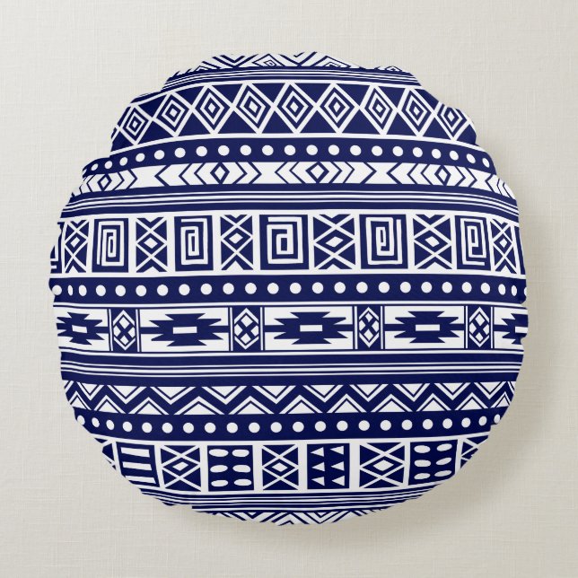 Blaues Tribal Geometrisches Muster Rundes Kissen (Vorderseite)