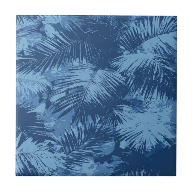 Blaues tropisches Palmenblatt Fliese (Vorderseite)