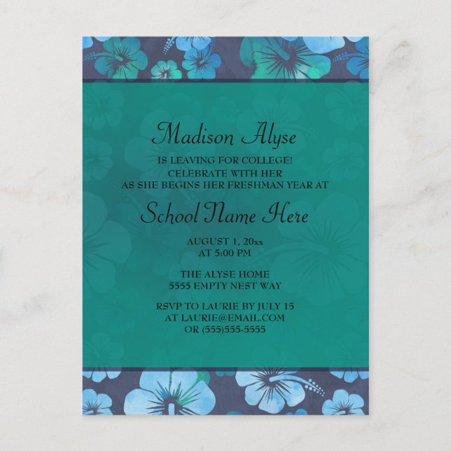 Blaues tropisches tropisches Party Uni Einladungspostkarte (Vorderseite)