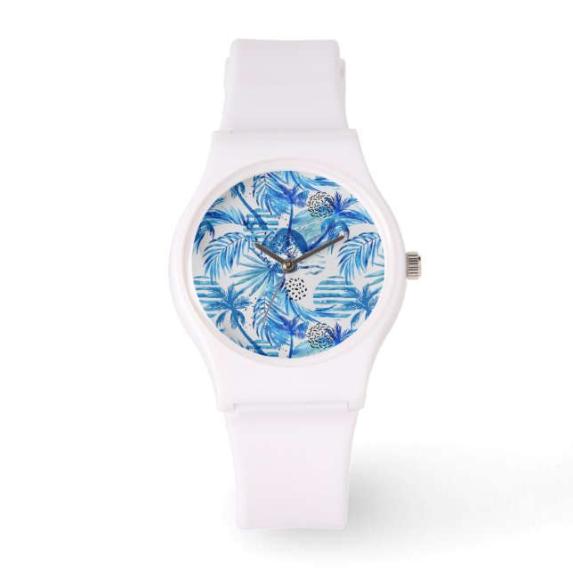 Blaues tropisches Wasserfarbmuster Armbanduhr (Vorderseite)