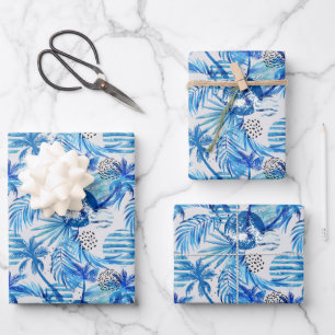 Blaues tropisches Wasserfarbmuster Geschenkpapier Set