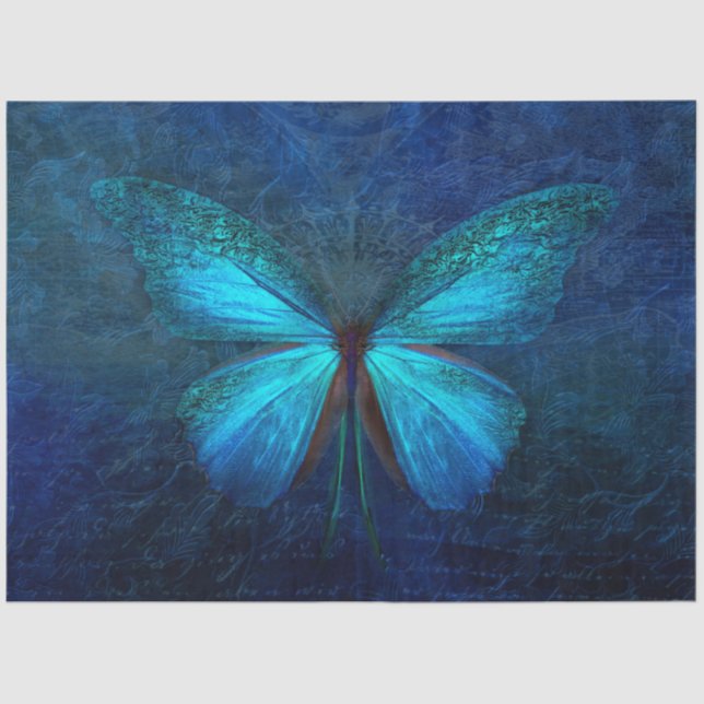 Blaues Türkis-Schmetterling-Dekoupage Seidenpapier (Vorderseite)