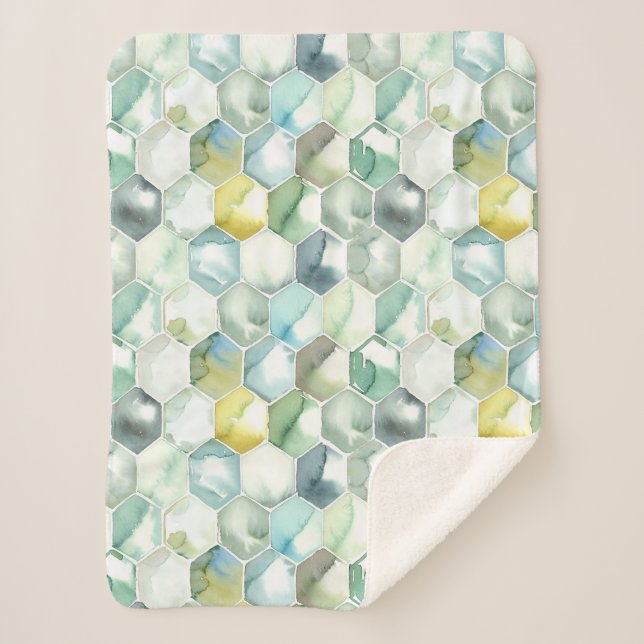 Blaues u. grünes Aquarell Honycomb Muster Sherpadecke (Vorderseite)