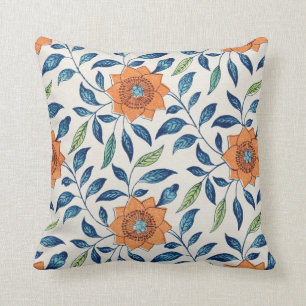 Blaues u. orange Blumenmuster Kissen