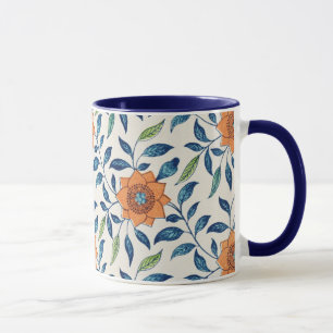 Blaues u. orange Blumenmuster Tasse