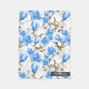 Blaues u. weißes Magnolien-Blüten-Aquarell-Muste Fleecedecke