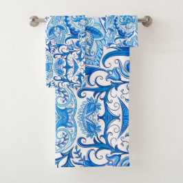 Blaues u. weißes Paisley-Muster Badhandtuch Set
