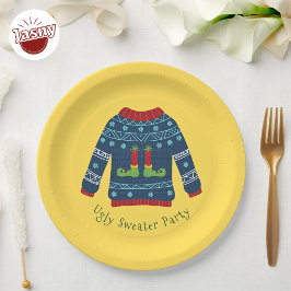 Blaues Ugly Sweater mit Elf Feet Pappteller